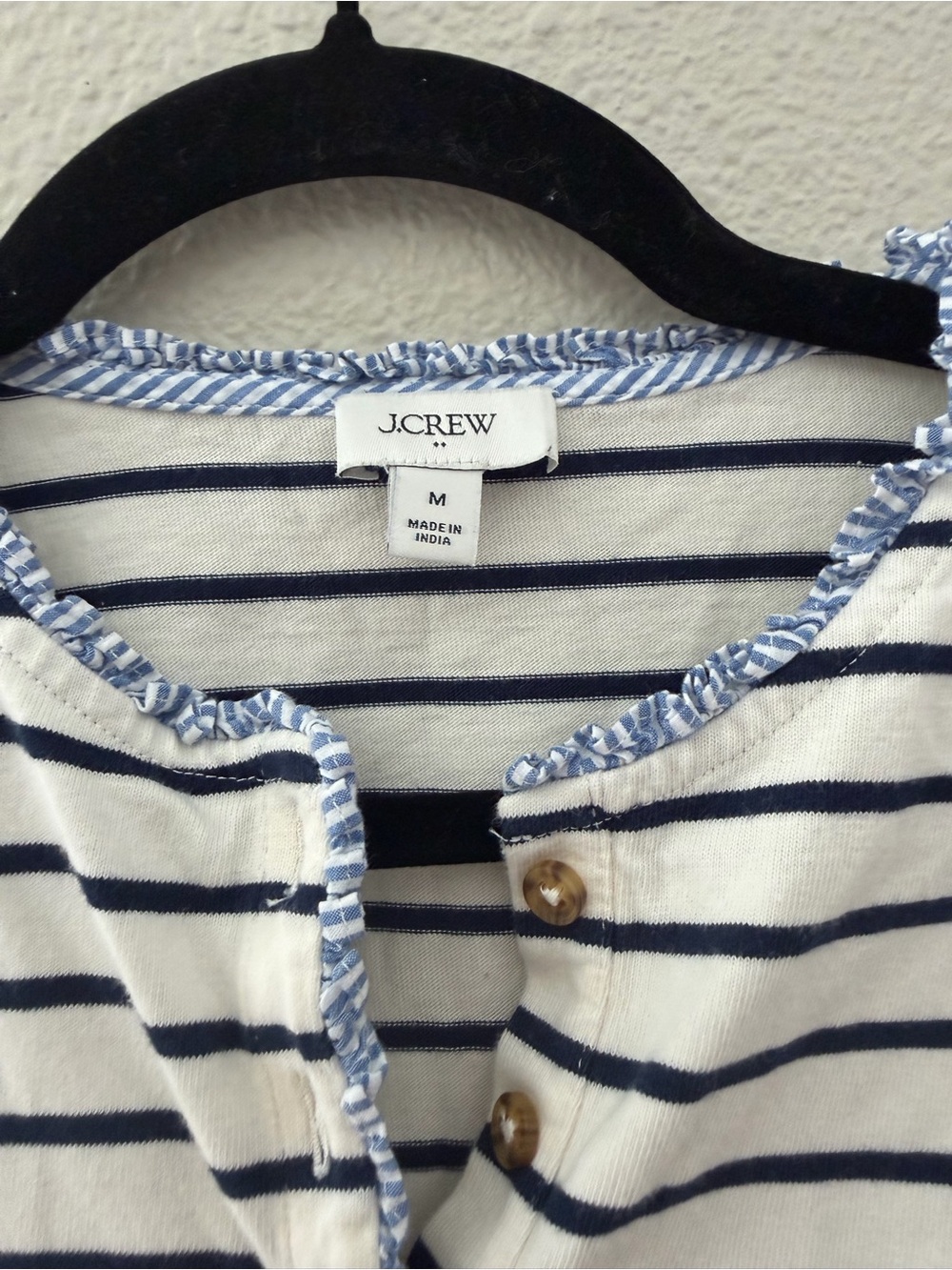 J. Crew Navy & White Striped Long-Sleeve Henley Top Blue Gingham Hem Size M - Picture 5 of 12